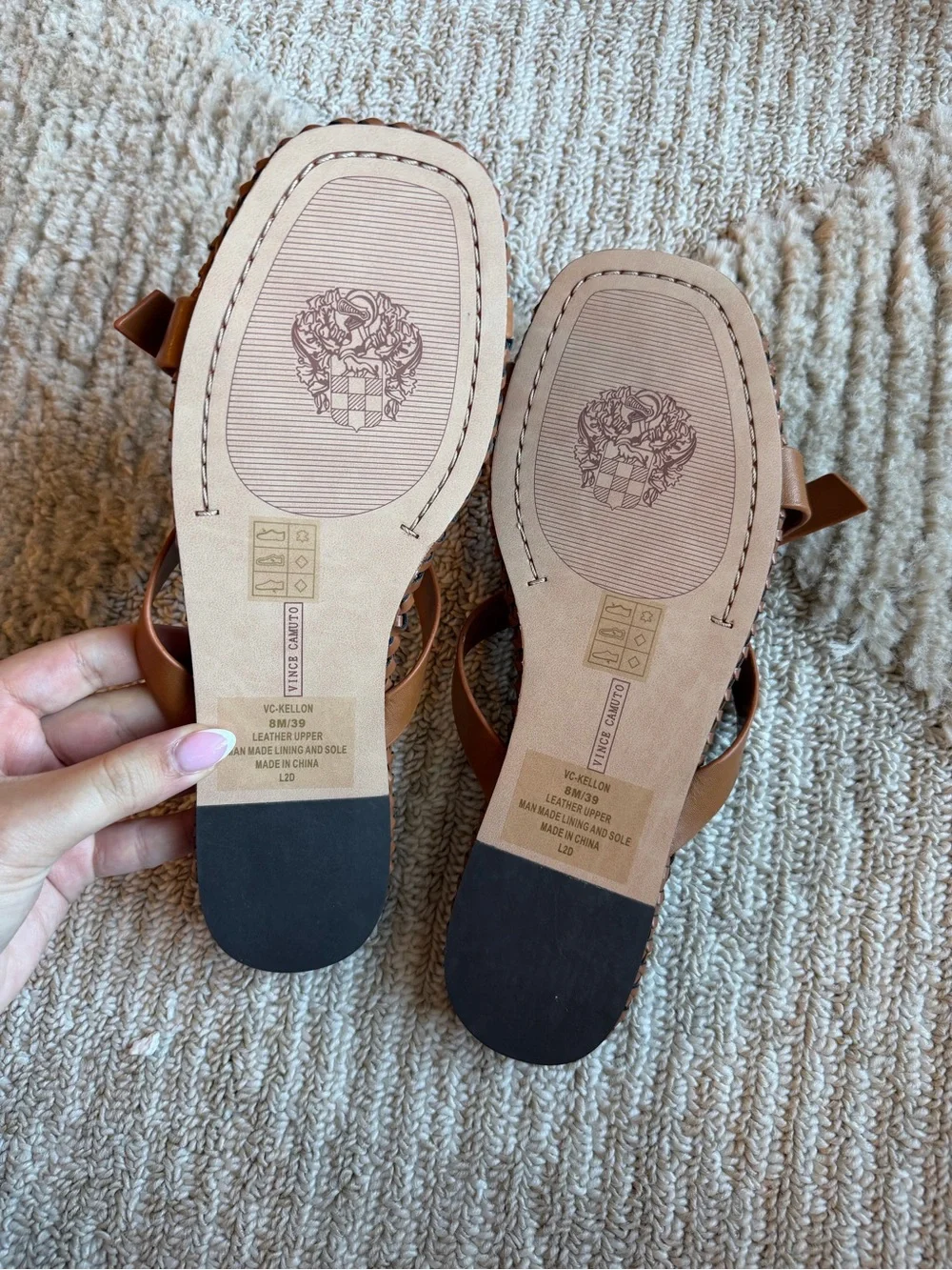 Vince Camuto‎ Tan Leather Cross-Strap Slide Sandals with Gold Buckle